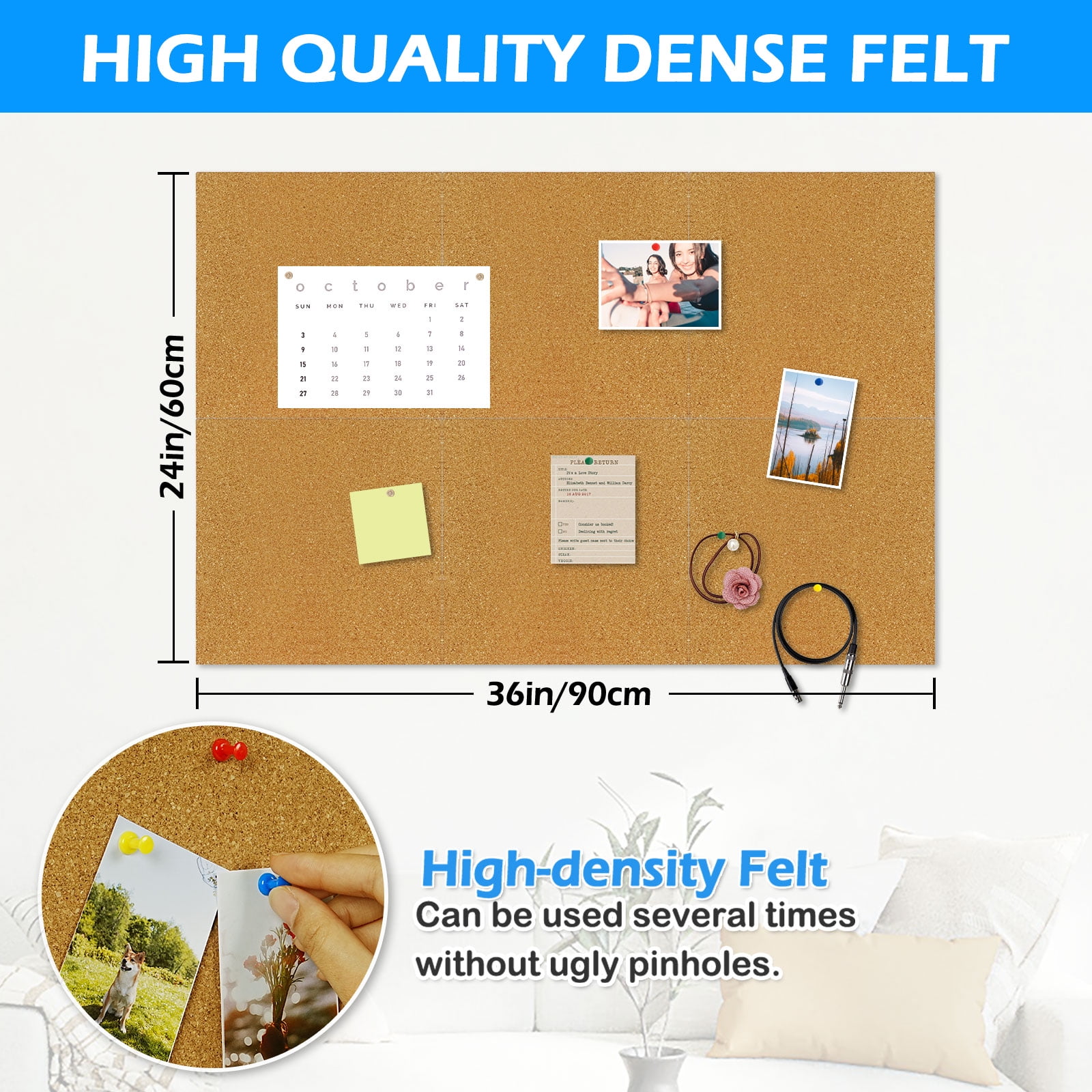 Adhesive Cork Board Tiles 6 Packs Cork Bulletin Board 12" x 12", Thick Frameless Corkboards for Walls with Pushpins for Home Office Kitchen School Decor Display, Brown