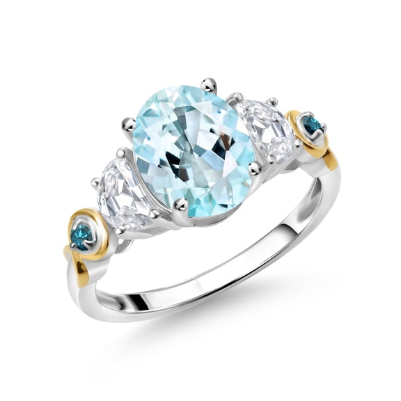 Gem Stone King 925 Silver and 10K Yellow Gold 3-Stone Ring Oval Sky Blue Topaz and Moissanite (2.51 Cttw, Size 9)