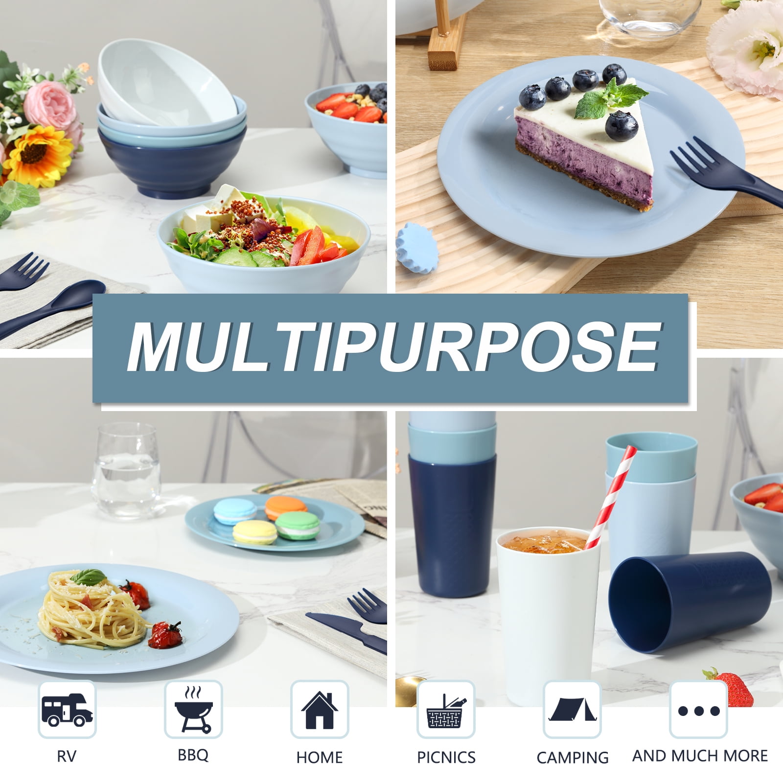 Mirdinner Unbreakable Plastic Dinnerware Sets for 4 (20pcs), Reusable Lightweight Plates Cups and Bowls with Cutlery Set, for Home & Camping Party, Great for Kids & Adult, Dishwasher Microwave Safe