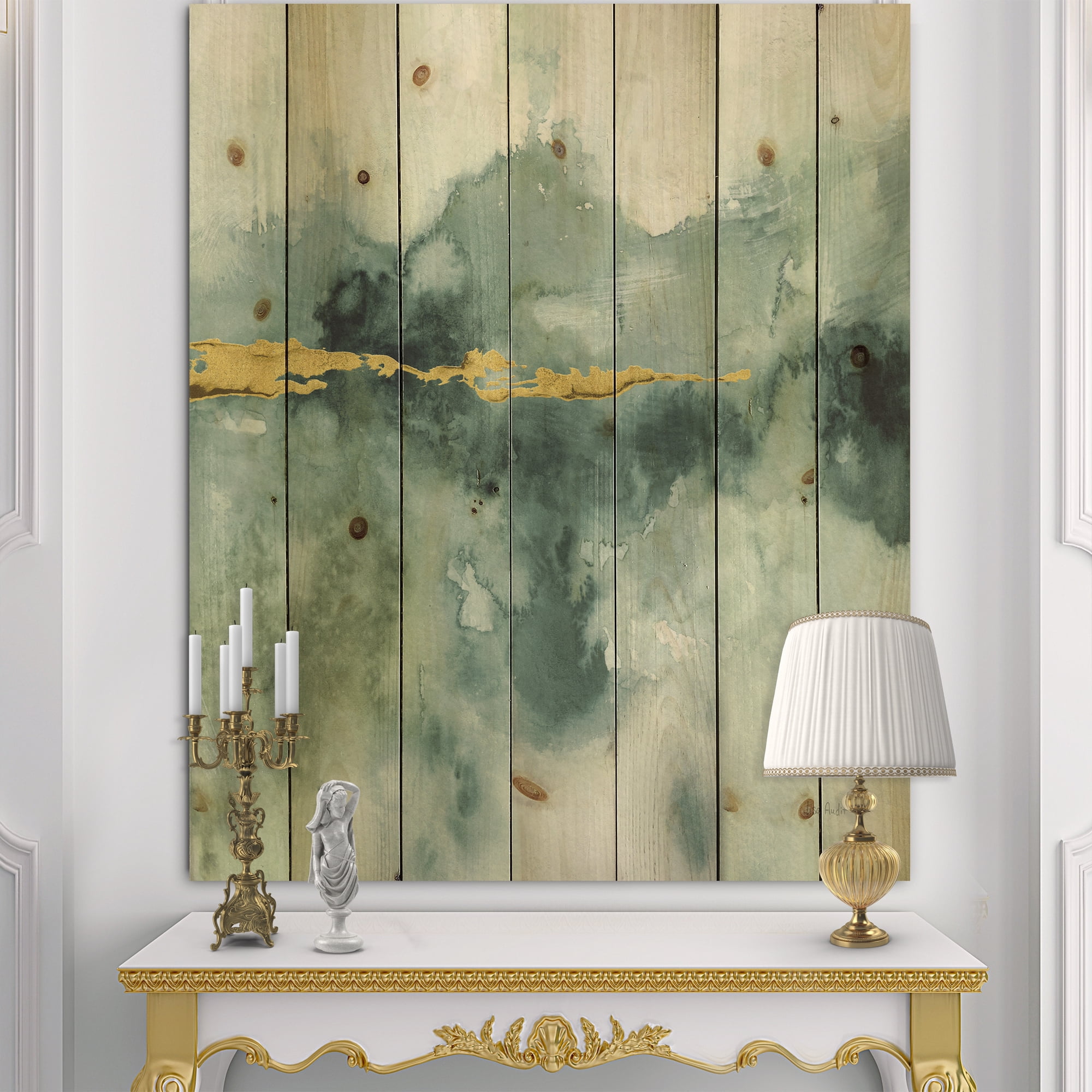 Designart 'Fractal Blue Watercolor Impression with Gold' Traditional Print on Natural Pine Wood