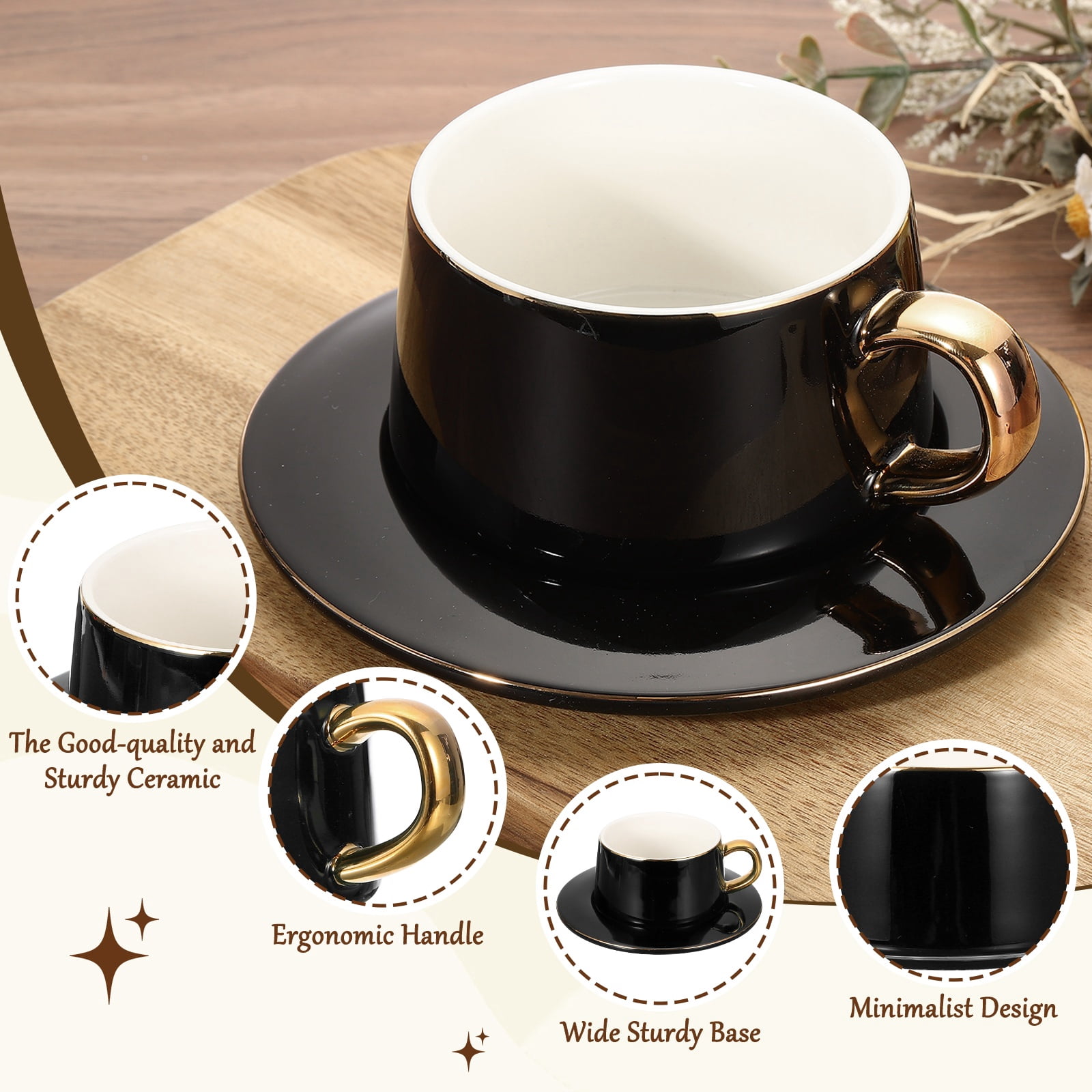 Uxcell 10oz Ceramic Coffee Mugs with Saucer Set, Creative Cute Cup with Handle Unique Irregular Design for Coffee Lovers Gift Tea Espresso Latte Kitchen Cafe Party Dishwasher, Black
