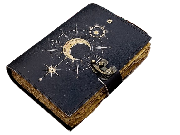 Celestial Leather Journal with Crescent Moon Design, 5x7 Inch Handmade Notebook, 200 Vintage Handmade Paper Pages, Antique Locking Diary for Writing & Sketching