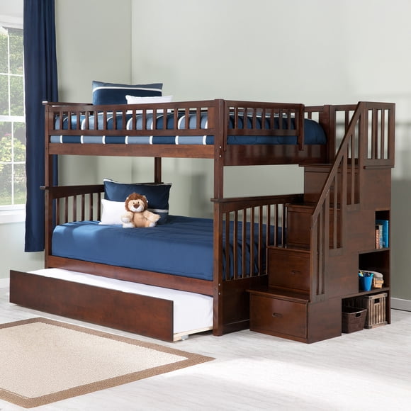 AFI Lit Superposé Gigogne Columbia Double sur Double en Bois avec Escalier, Noyer