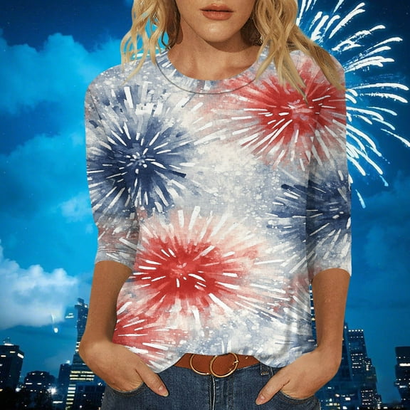 Cavosen Red White and Blue Shirts for Women Petite 4th of July 3/4 Sleeve Round Neck Tops USA Star Striped Print T Shirts Lady XL Red White and Blue Casual Tops Patriotic Tunic Tees Patriotic Clothes