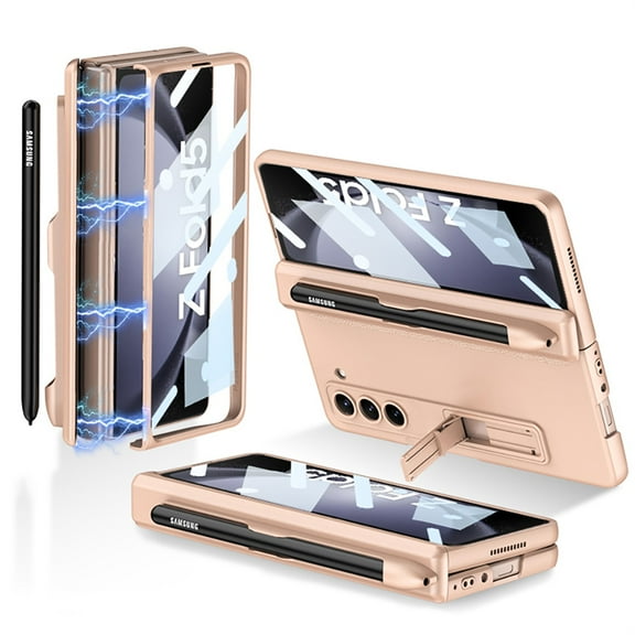SaniMore Case for Samsung Galaxy Z Fold 5 7.6" 2023, Magnetic Pen Slot Hinge Protection Foldable Bracket [HD Tempered Film Screen Protctor] Full Protection Shockproof Stand Shell, Gold