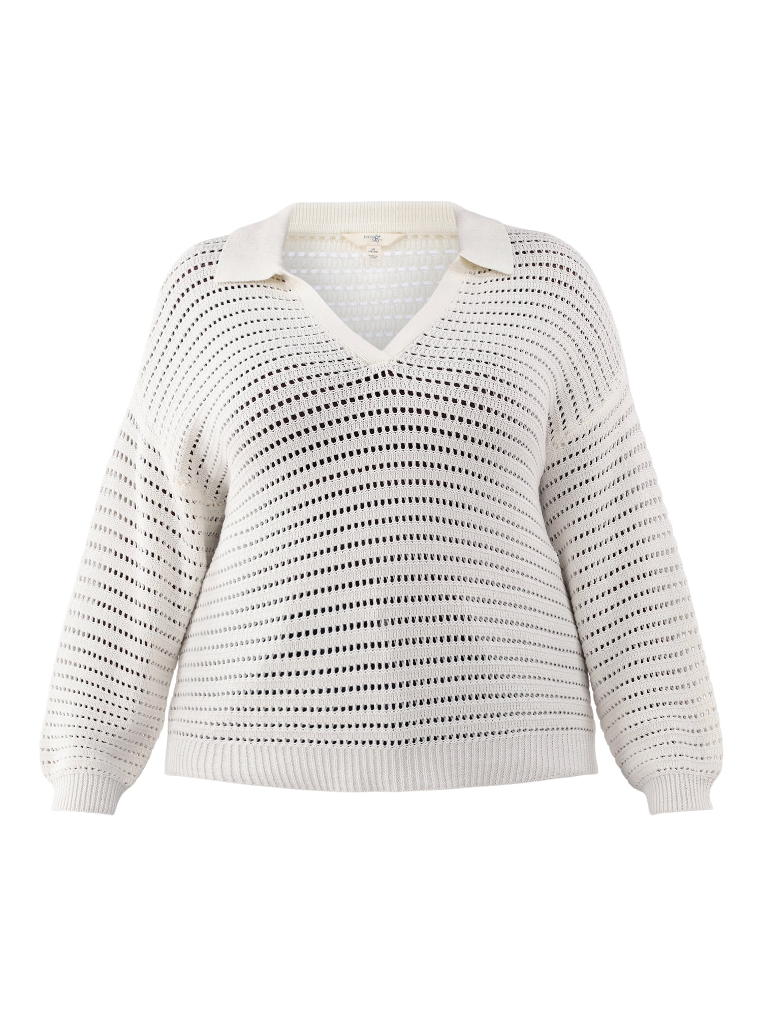 Terra & Sky Women's Plus Size Open Stitch Sweater with Collar, Sizes 0X-5X