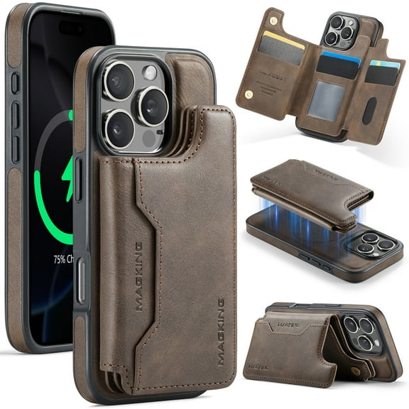 For iPhone 15 Pro PU Leather Wallet Phone Case,Compatible with Mag-Safe,Magnetic Detachable Card Holder,Back Flip Kickstand,2-in-1 Heavy Duty Shockproof RFID Blocking Phone Case,Coffee