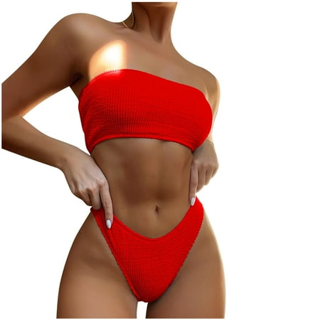 Women s Two Piece Bandeau Swimsuit Ribbed Strapless Tube Bikini Top with Mid Waist Cheeky Bottom Bathing Suit  Under 10 Dollar Clearance