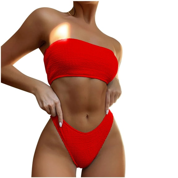 2025 Clearance! Clothes under $5 asdoklhq Swimsuits for Women Plus Size,Solid Two Piece Bikini Push-Up Pad Swimwear Swimsuit Beachwear Set