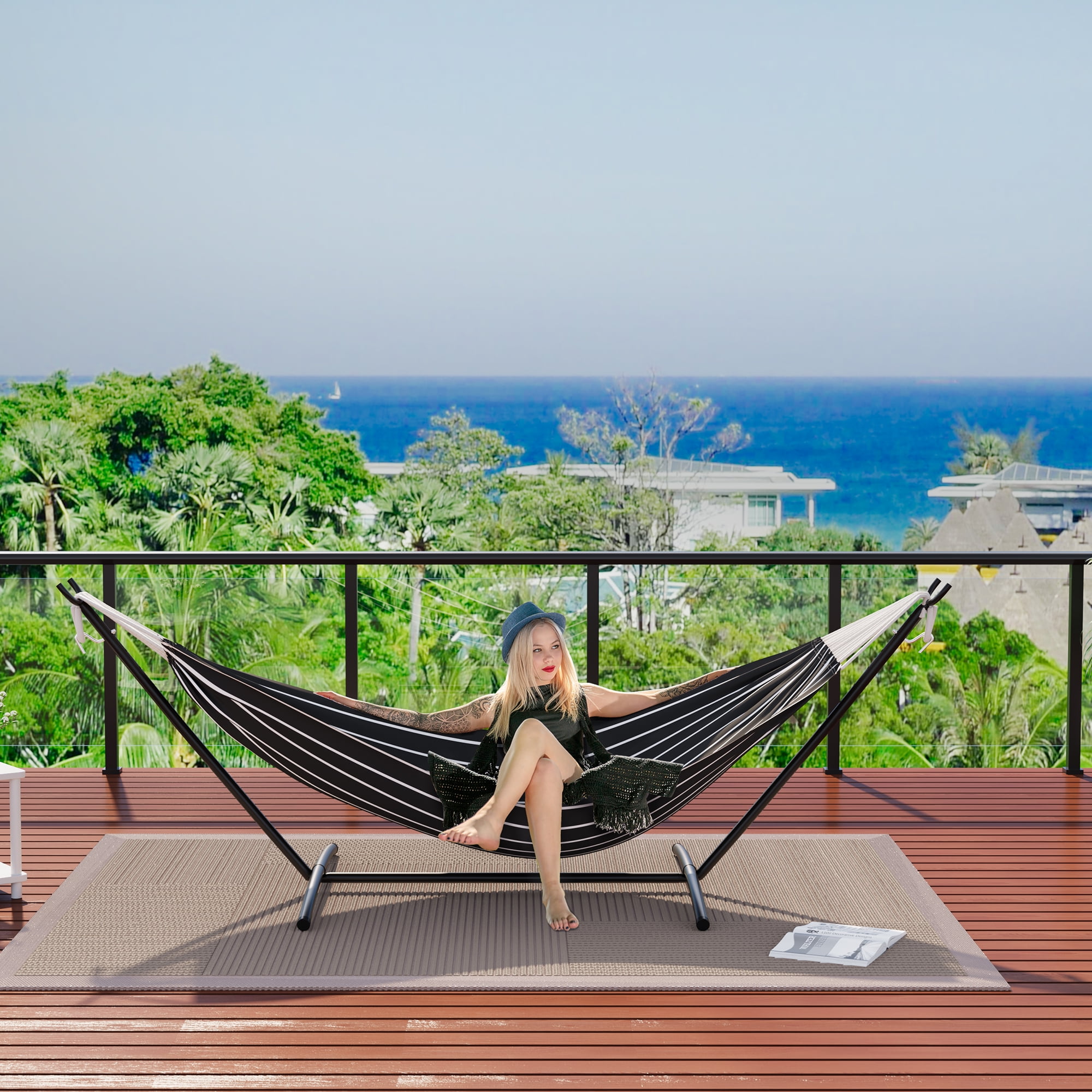 COZONY 2-Person Hammock with Steel Stand, 450lb Capacity, Portable Cotton Rope Bed, Carry Bag Included