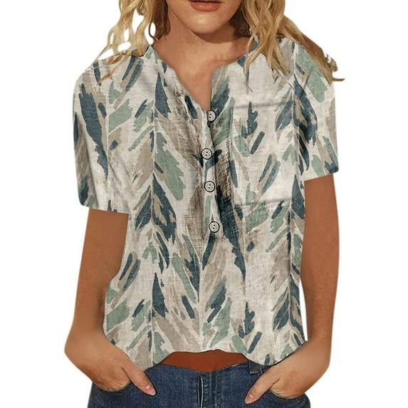 Qiylii Tops for Women Short Sleeve Summer Fashion Casual Trendy Printed Tee Shirt Button Neckline T Shirts Ladies Blouses