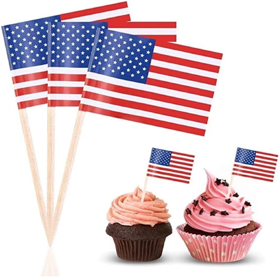 Yhmxh 100 Pcs USA American Flag US Toothpick Flags, Small Mini Stick Cupcake Toppers US Flags, 4th of July, Cocktail Sticks Country Picks Party Decoration Celebration Cocktail Food Bar Cake Flags