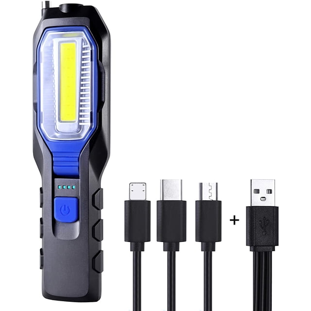 Luz de trabajo portátil LED recargable, potente luz de trabajo LED recargable, lámpara con imán USB, batería COB de 2800 mAh, gancho y cable de carga 3 en 1