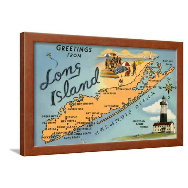 Greetings From Long Island New York Map Vintage Retro Coastal Travel Framed Print Wall Art Walmart Com Walmart Com