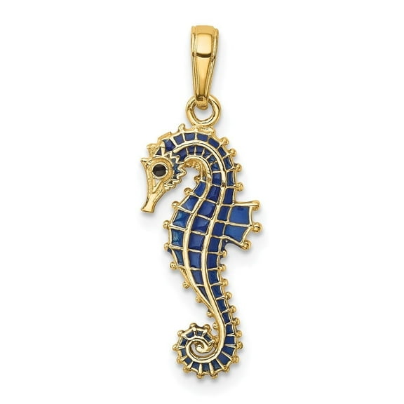 Diamond2Deal 14K Yellow Gold 3-D Blue Enameled Seahorse Pendant for Women (L- 0.99 inch, W- 0.4 inch)