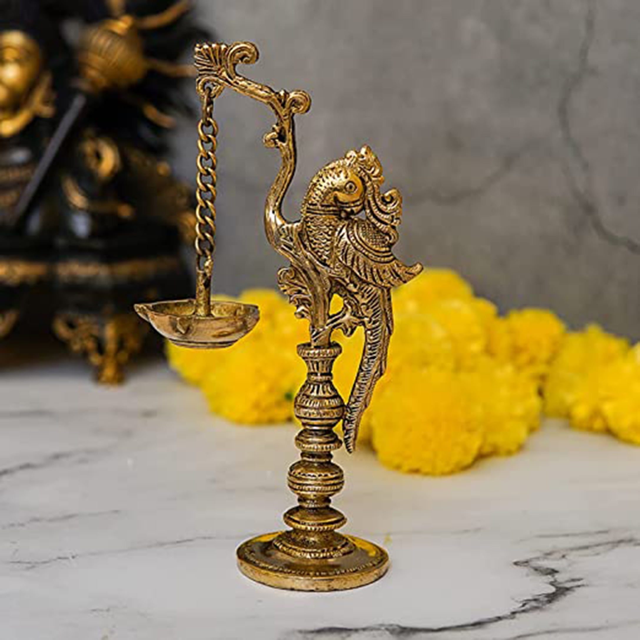 Brass World Brass Oil Lamp Diya with Hanging Parrot Stand for Festival Lighting Home Decor Temple Glossy Antique 8 Inch