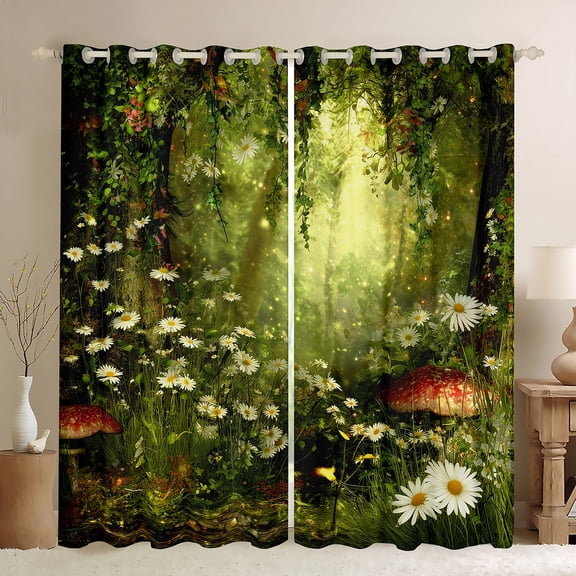 Castle Fairy Chic Floral Flowers Daisy Black Out Curtains,Jungle Botanical Mushroom Curtains Pack of 2 (42x63 Each),Vintage Aesthetic Bedroom Curtains,Super Cozy Room Decor