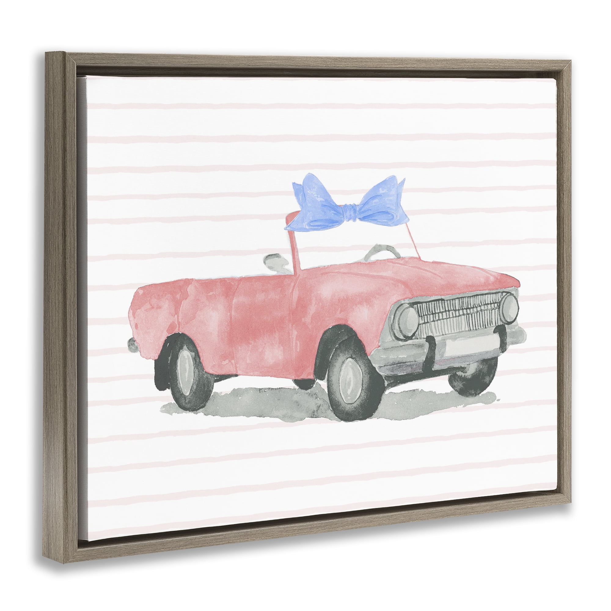 Stupell Industries Blue Bow on Antique Car Transportation Painting Brown Floater Framed Canvas Art Print Wall Art, 21 x 17