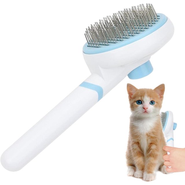 Cepillo de aseo para mascotas – Cepillo de aseo para perros con agarre cómodo con botón, mango – Cepillo de limpieza de pelo enredado para conejos