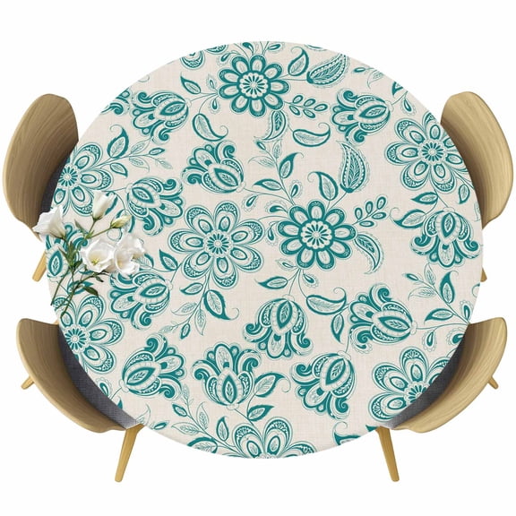 Teal Flowers Round Tablecloth 55-60 Inch Round Fitted Table Cloth with Elastic Edge, Vintage Ethnic Tribe Country Farmhouse Waterproof Table Cover Protector for Outdoor Picnic Party Dining