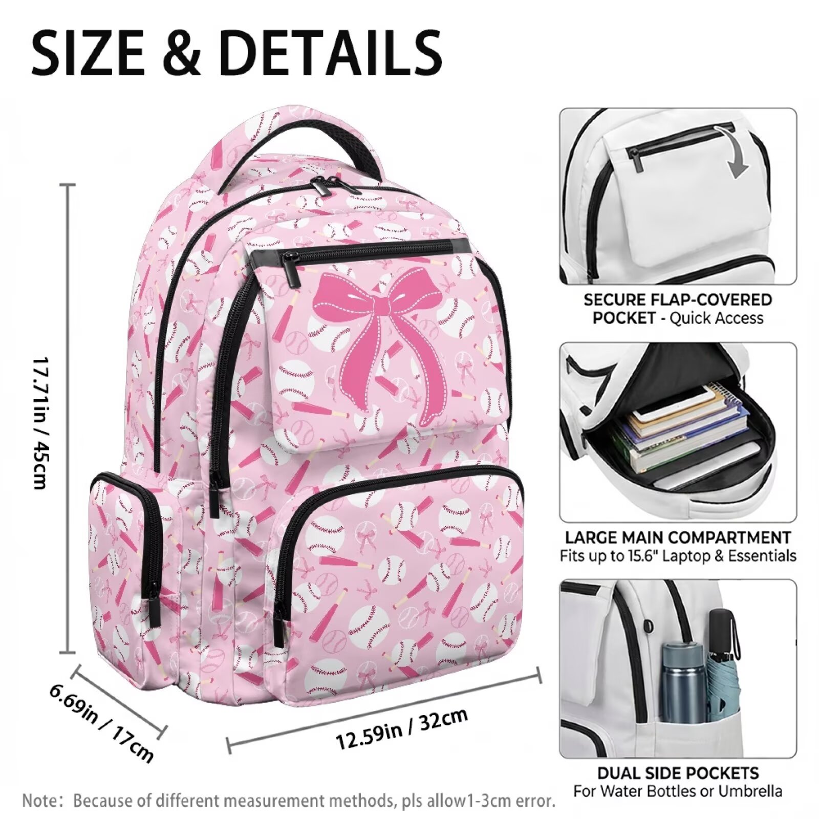 Mochila para niñas con diseño de murciélago y moño rosa, estampado deportivo, ligera, transpirable, duradera, impermeable, multi bolsillos, para regreso a clases 4