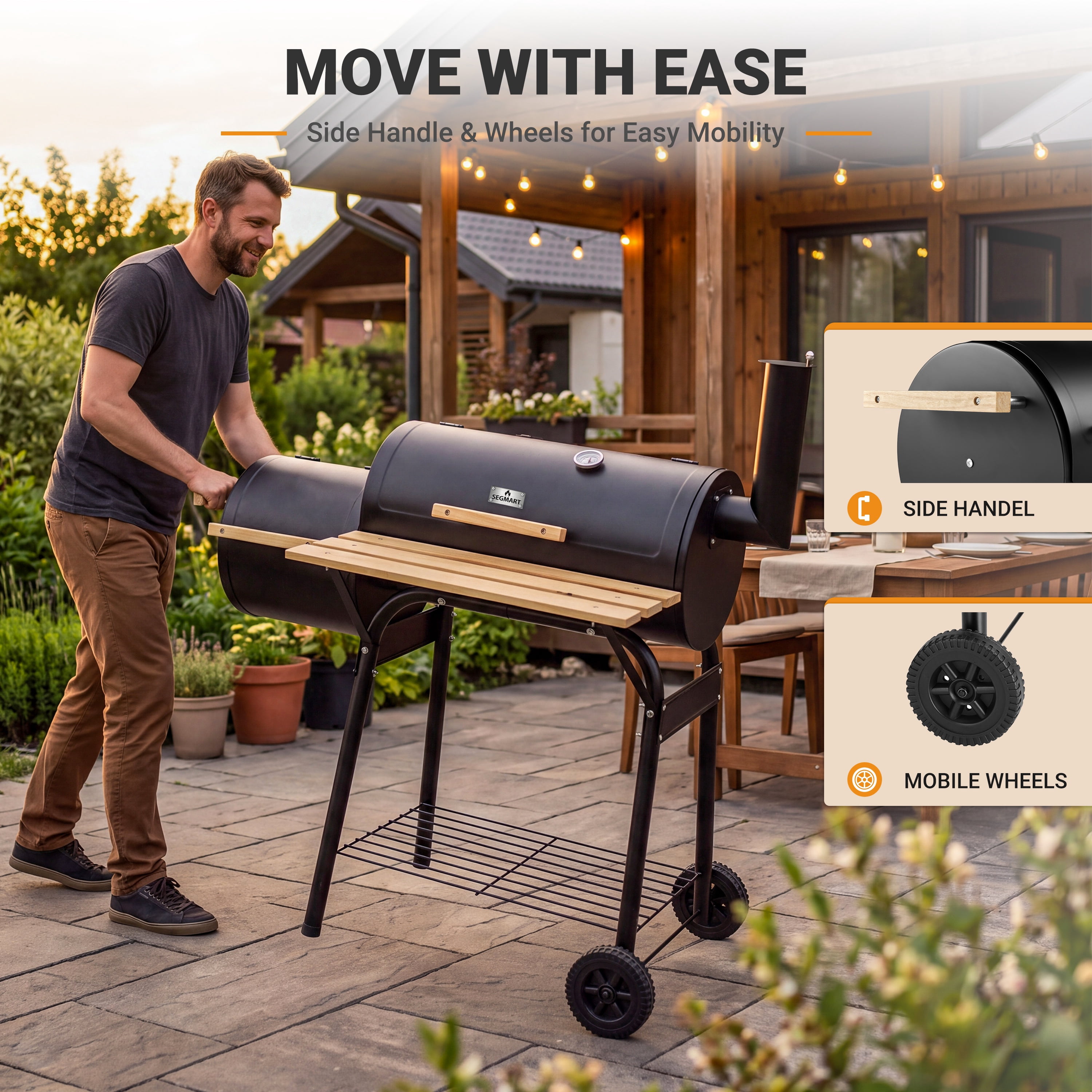 Segmart Charcoal Grill with Offset Smoker, Portable Outdoor Barrel Grill with Front Shelf, Built-In Thermometer & Wheels, 338 Sq. In. Cooking Area, Ideal for Backyard Patio BBQ