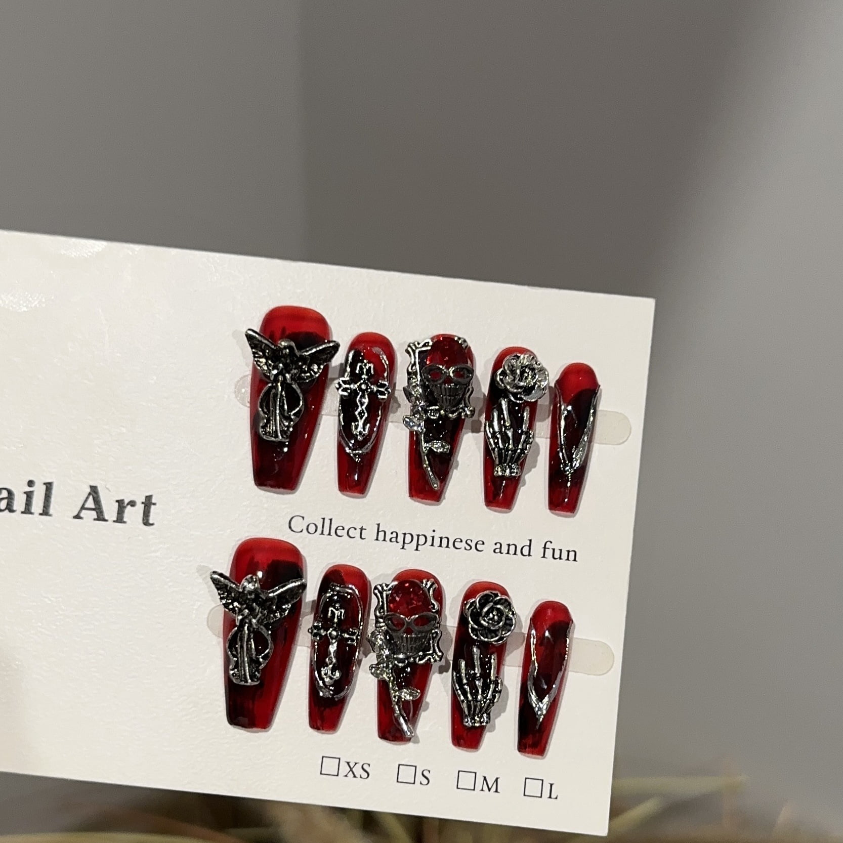 Pure handmade wearable nails autumn and winter dark burgundy nail art pieces European and American heavy industry punk fake nail patches show white