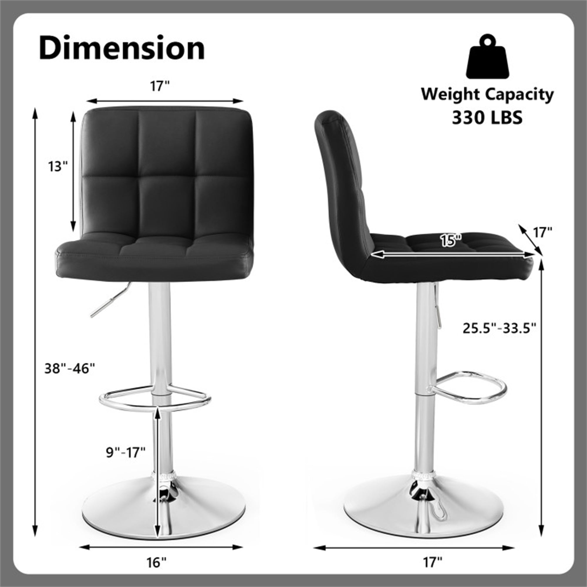 Demi Bonn Armless PU Leather Bar Stool with Adjustable Height and Swivel Seat, Modern Dining Chair with Backrests, Black
