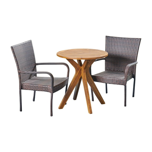 GDF Studio Martinique Outdoor Acacia Wood and Wicker 3 Piece Bistro Set, Teak and Multibrown
