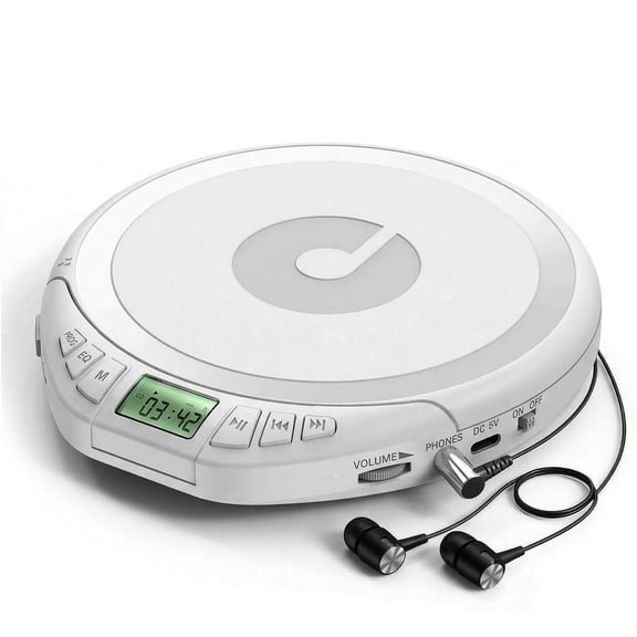 Hotmuscd Portable CD Player with Earphones,CD Discman with Anti-Skip Shockproof Protection,Support PROG Memory Function for Car Home,White