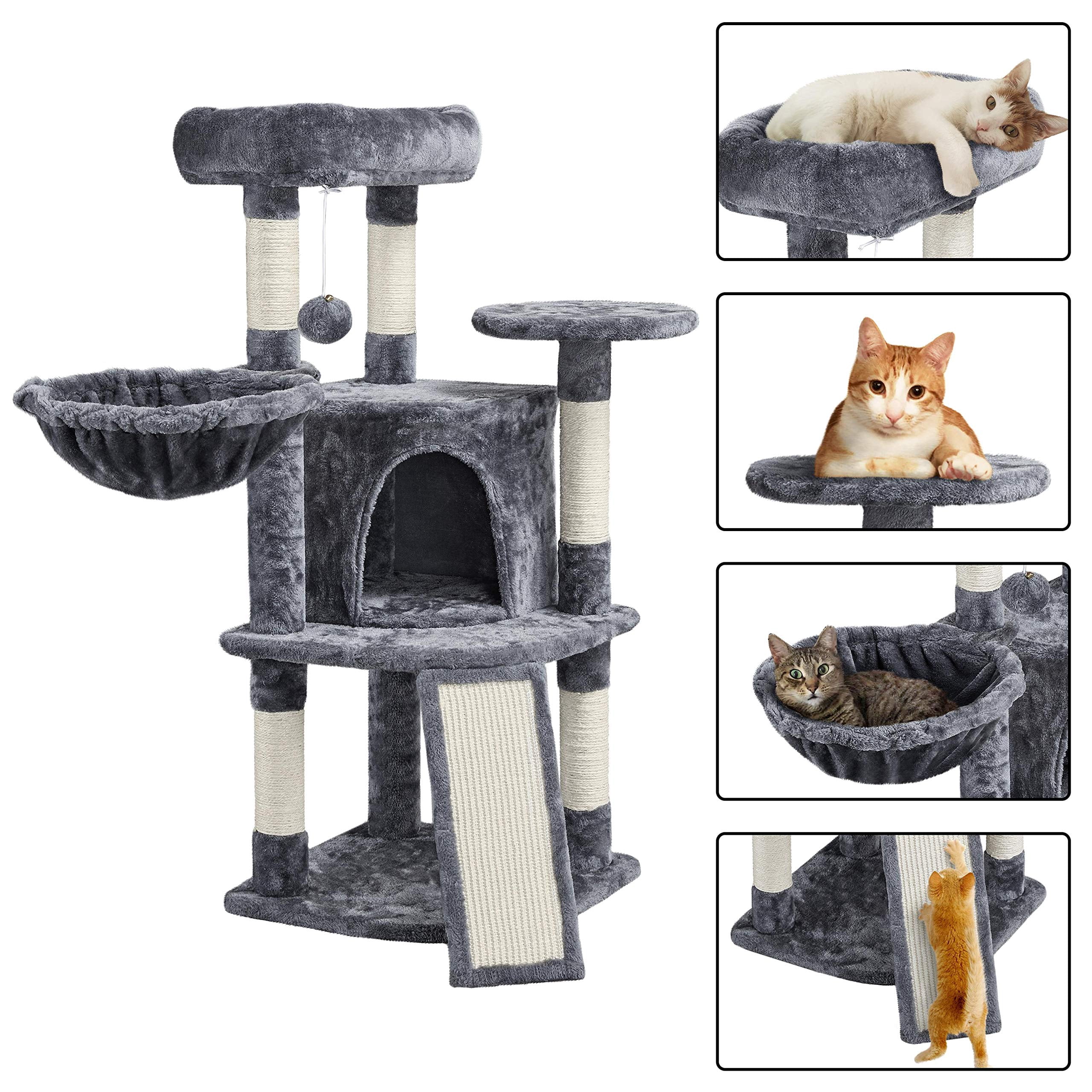Cat Tree for Indoor Cats, 42in Multi-Level Cat Tower with Scratching Posts, Perch, Hammock and Condo, Stable Playhouse for Kittens and Small Cats, Dark Gray