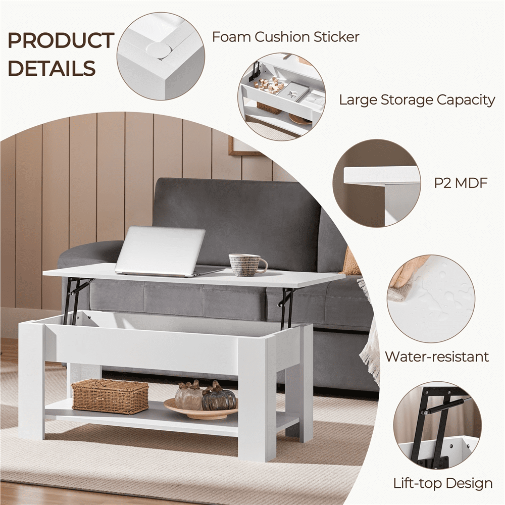 Fullfurnique Lift Top Coffee Table with Hidden Compartment & Open Shelf, White