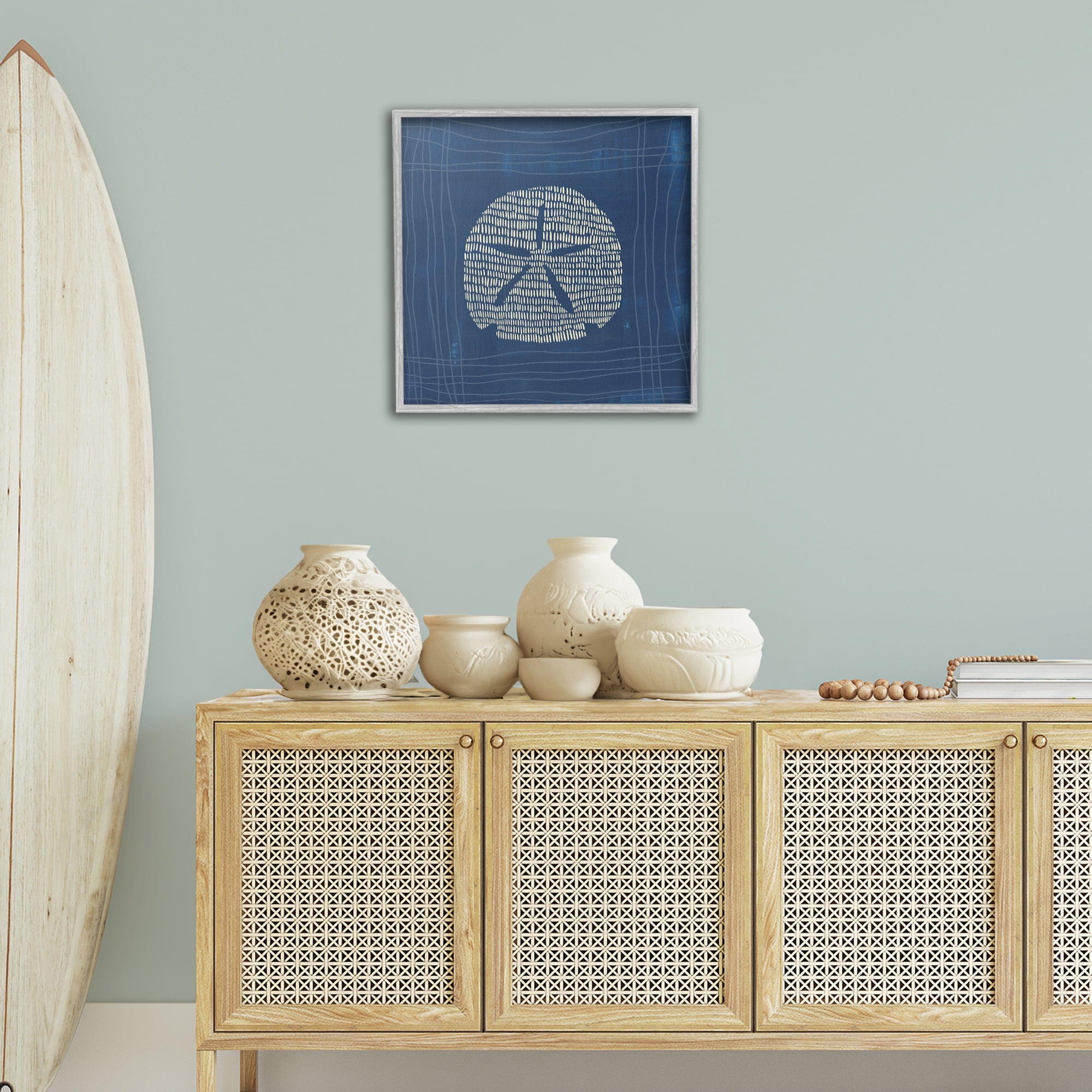 Stupell Industries Sand Dollar on Blue Coastal Painting Gray Framed Art Print Wall Art, 24 x 24
