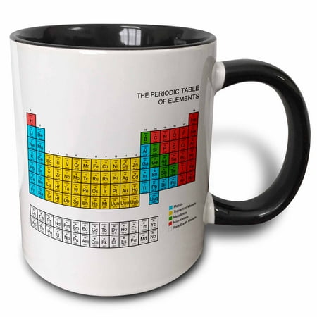 Science Gift - 3dRose Periodic Table - Academic educational gift for science fans chemistry physics red green blue yellow - Two Tone Black Mug, 11-ounce