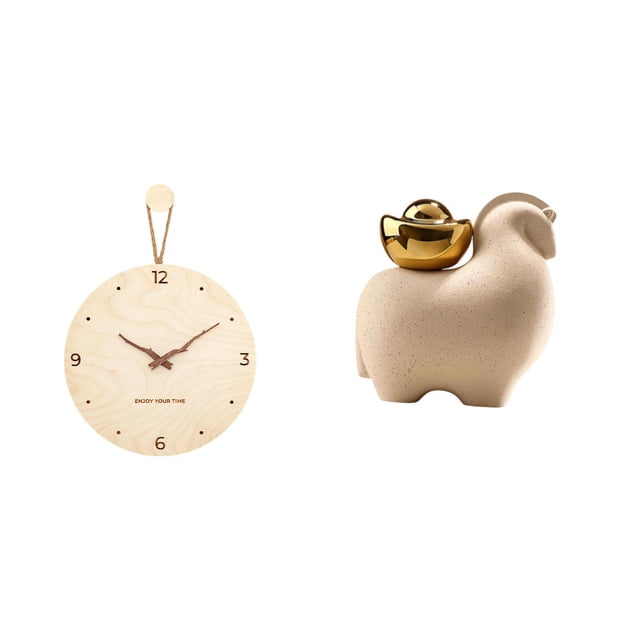 Reloj de pared,Reloj de pared decorativo para sala de estar,silencioso,Reloj de pared de madera con decoración moderna,Mini estatua de animal,Mini estatua de animal para decoración del