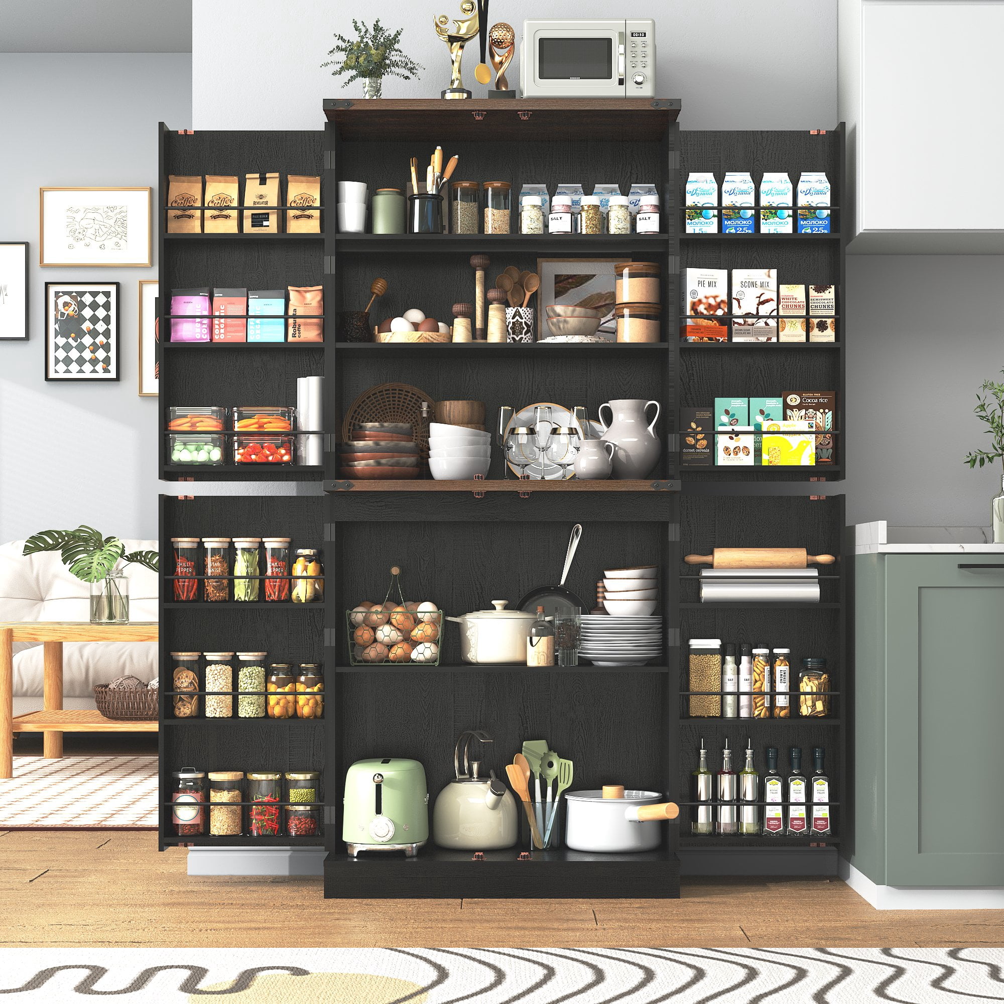 71" Tall Farmhouse Kitchen Pantry with 12 Side Shelves & Adjustable Shelves, 5 Layers Pantry Storage Cabinet w/Load-Bearing Steel Pipe & 4 Barn Doors for Kitchen, Dining Room, Living Room, Black