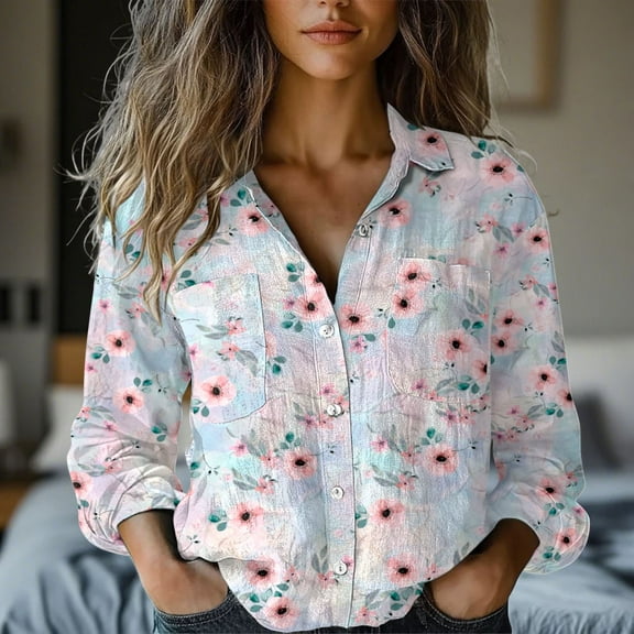 Pink Women Shirts, Womens Linen Button Down Shirts Floral Printed V Neck Long Sleeve Blouse Collared Boho Shirt Casual Tops With Pocket,Women Shirts XL