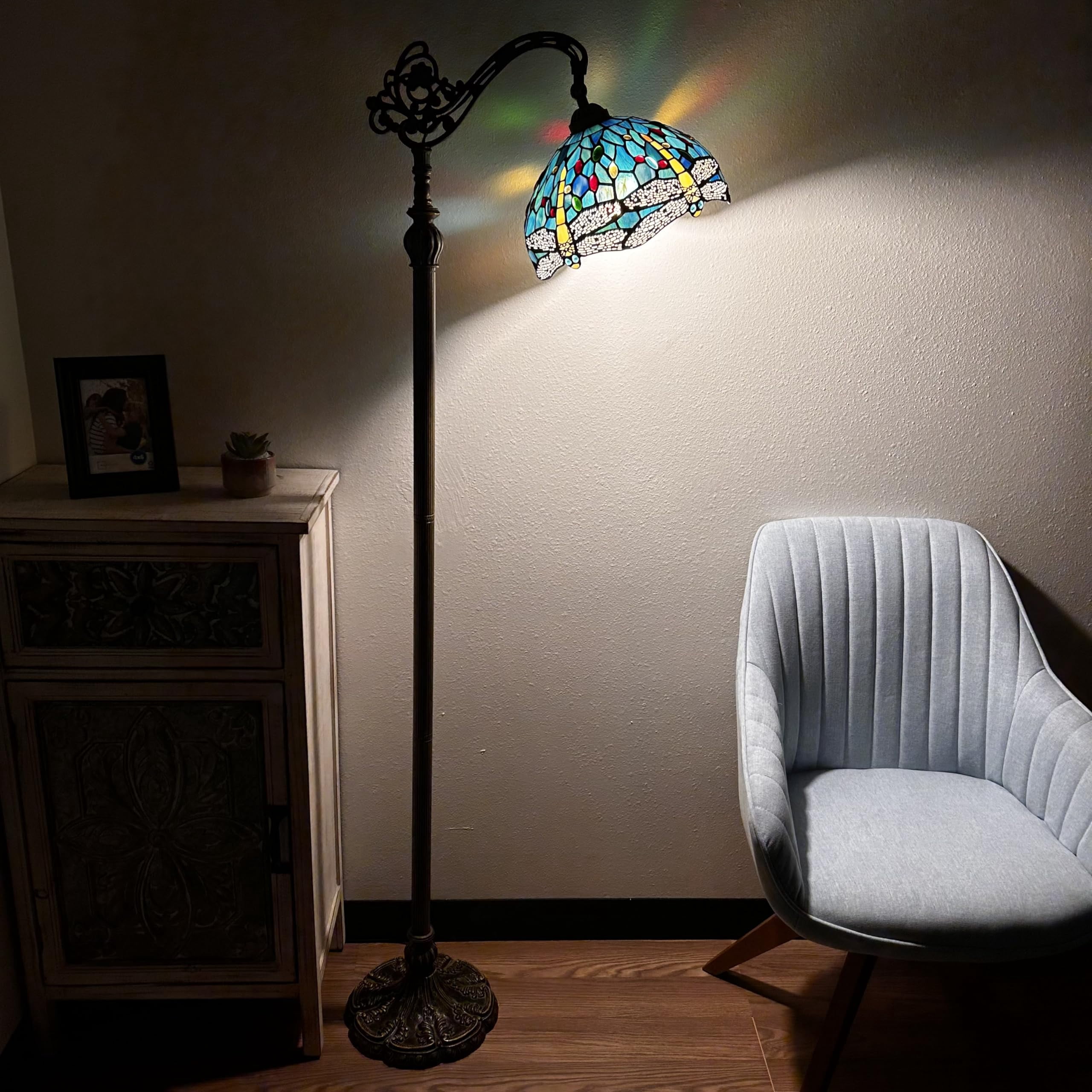 Enjoy Décor Lamps Tiffany 1-Light Dragonfly Gooseneck Adjustable LED Bulb Included Reading Floor Lamp with Stained Glass Bowl Multicolor