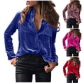 thumbnail image 4 of Women's Retro Velvet Blouse Business Casual Solid Color Vintage Long Sleeve Button Down Tops Oversized Purple Shirts Vintage Workwear Clothes with Pockets M, 4 of 5