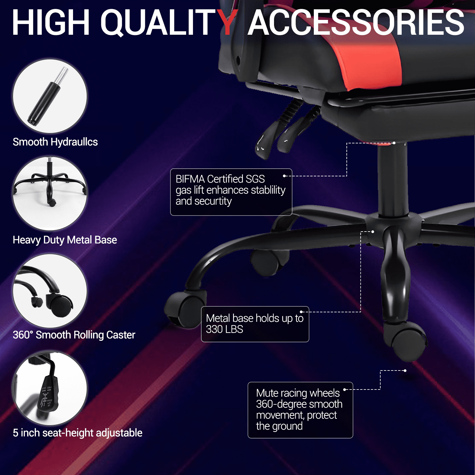 WENTUM Ergonomic Reclining Gaming Chair with Linkage Armrests & Footrest, Racing Office Chair, PU Leather Computer Desk Chair, Red