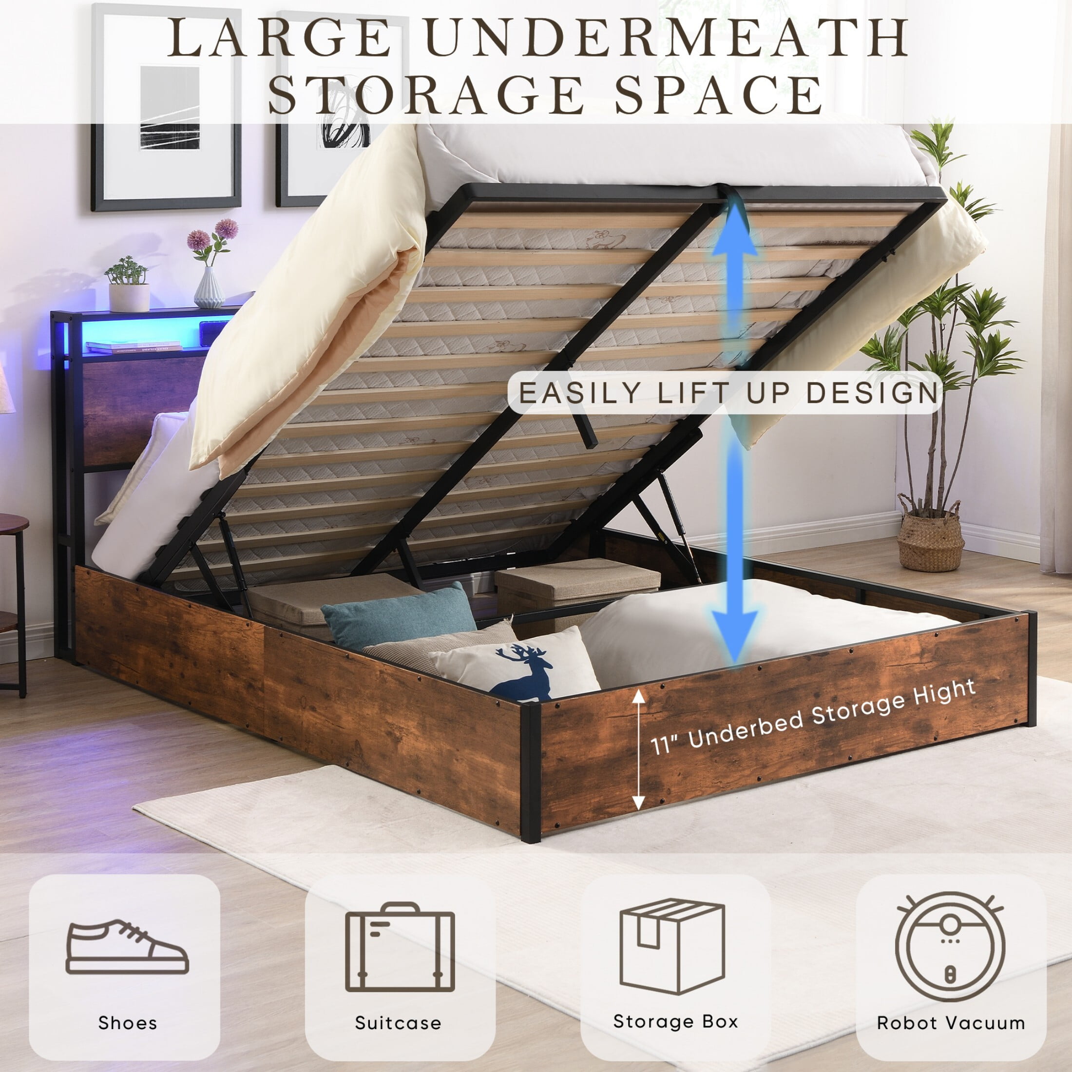 AENKYO Lift-up Storage Bed Full Size Bed Frame with LED Lights, Platform Bed Frame with Charging Station, Rustic Brown