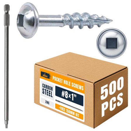Albo Pocket Hole Screws #8 × 1" Set 500 PCS Zinc Carbon Steel Self-Tapping Robertson Square Drive Washer Head Cabinet Wood Screws, Pocket Jig Fasteners Assortment, 6" (150 mm) Bit Included