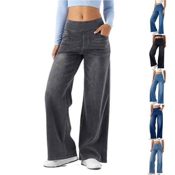 Vivianyo HD Women's High Waist Wide Elastic Waistband Wide Leg Jeans, Soft Comfort Stretch Denim Pull On Pants with Pockets, Women's Black,Blue,Light Blue, Sizes XS-XL