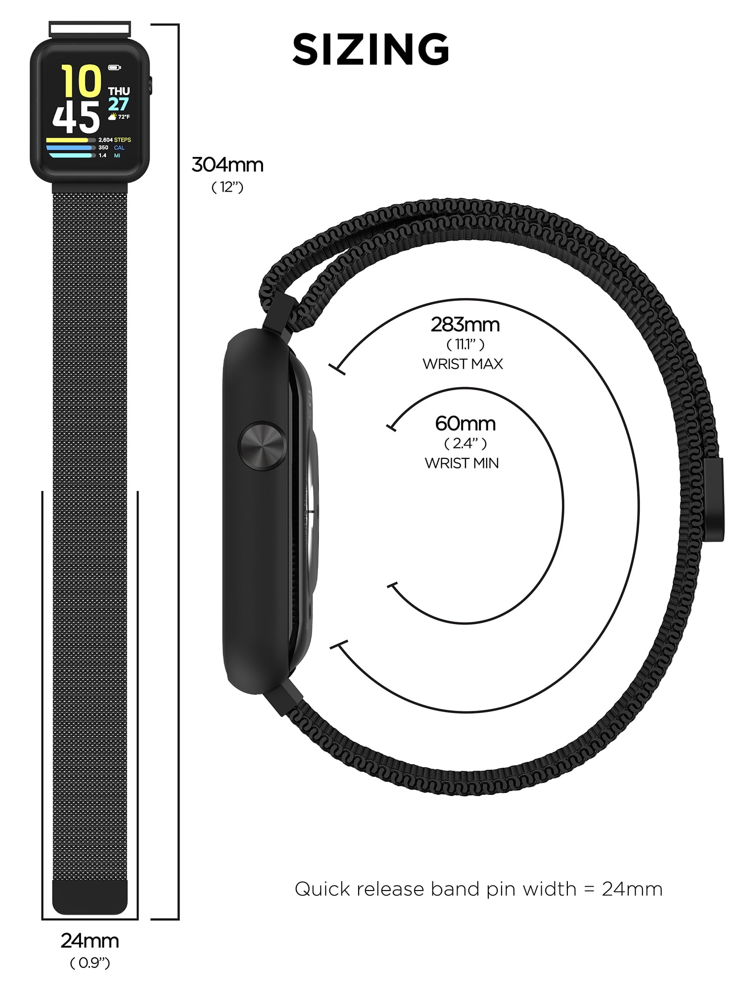 iTech Fusion 3 Unisex Adult Rectangular Smart Watch, Black, Mesh