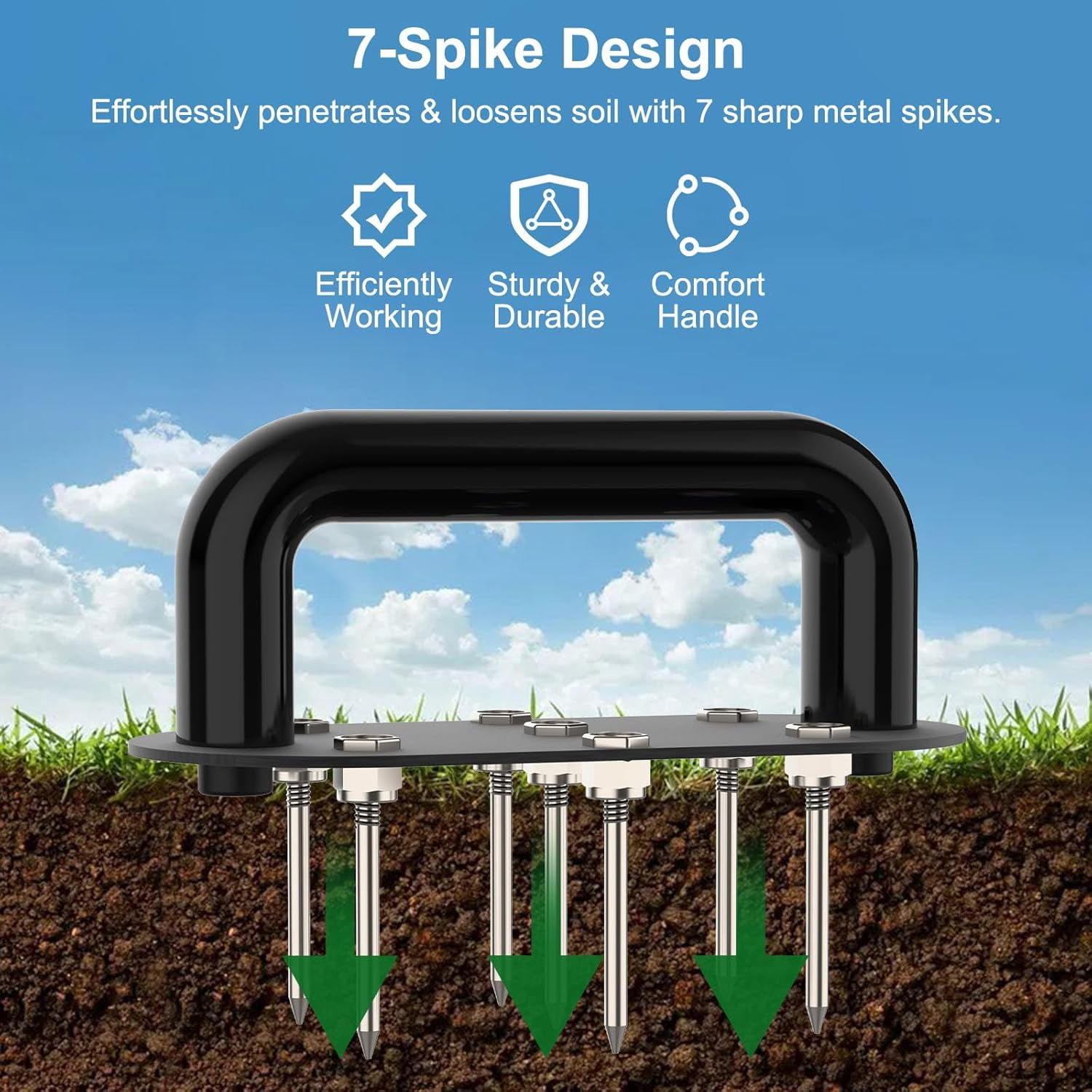 RGHJAR-Hand Tiller Garden Tool Lawn Aerator Spike Manual Tool Portable Handheld Aerator Lawn Tool with 7-Iron Spikes, Pre-Aessmbled Small Grass Aerator Tool, Cultivator Tiller Soil Lossener