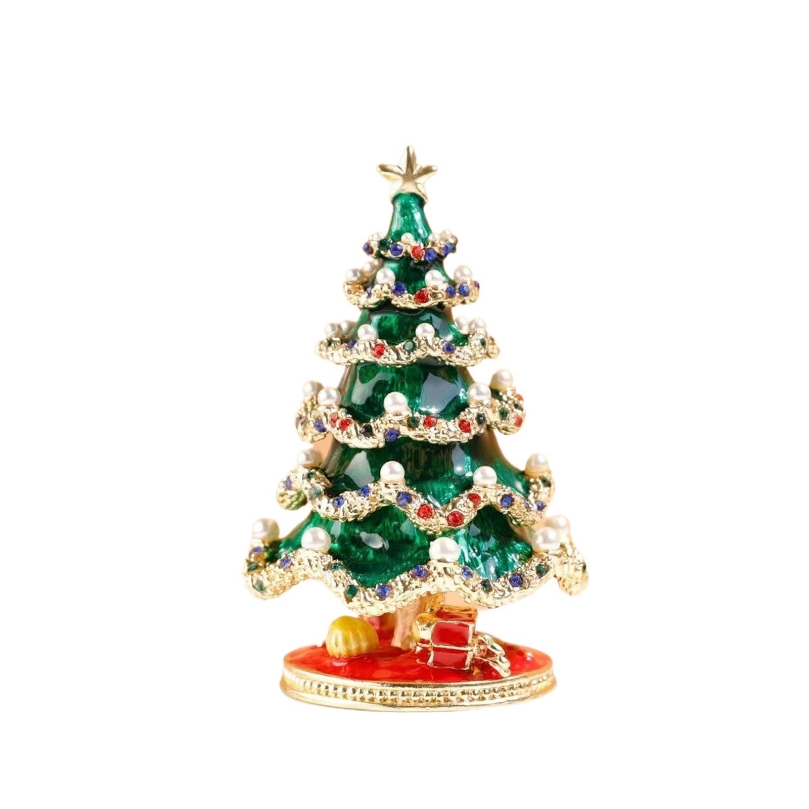 Christmas Tree Trinket Box Jewelry Hand Painted Enameled Vintage Decorative Hinged Jewelry Trinket