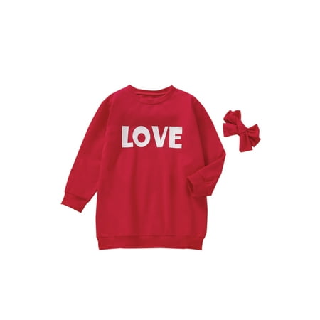 

Nokpsedcb Toddler Girls Valentine s Day Dress Sweatshirt Letter Print Loose Spring Fall Skirt Red 2-3 Years