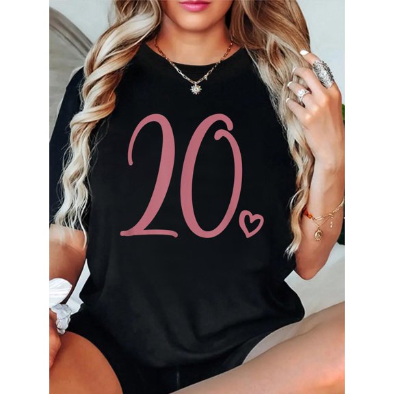 20th Birthday For Women, Twenty Cute Number 20 Years Old T-Shirt casual short sleeve crew neck cotton tee tops for women