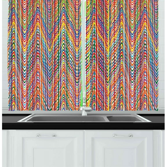 Abstract Curtains 2 Panels Set, Colorful Zigzag Pattern with Mixed Contrast Messy Tone Lines Modern Stripes Image, Window Drapes for Living Room Bedroom, 55W X 39L Inches, Multicolor, by Ambesonne