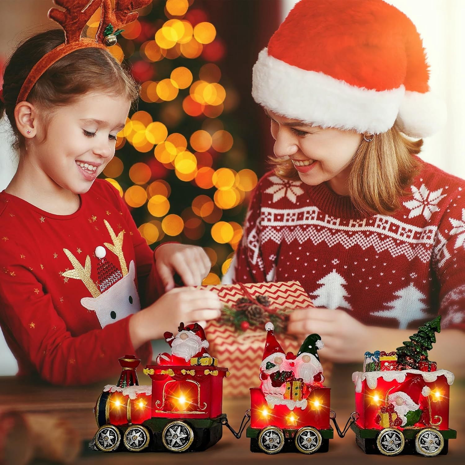 Christmas Gnome Decorations Centerpieces for Tables, Lighted Gnome Christmas Decorations Indoor Snowman Tabletop Decor, Xmas Table Centerpieces for Home, Light Up Train Figurines Table Top